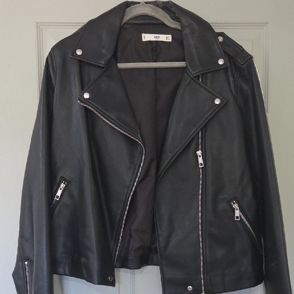 Mango Black Faux Leather Moto Jacket with Silver Accents